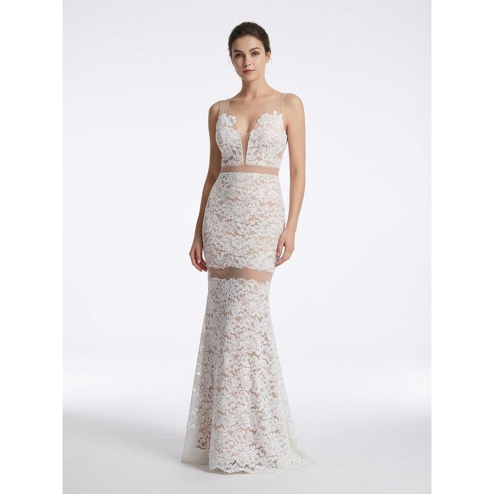 Windsor White Lace Nude Illusion Mesh Mermaid Formal‎ Gown Prom Dress Size XS